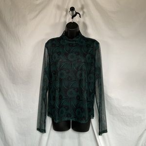 Anthropologie Gauzy Turtleneck Elegant Teal Green and Black Mesh Floral Top